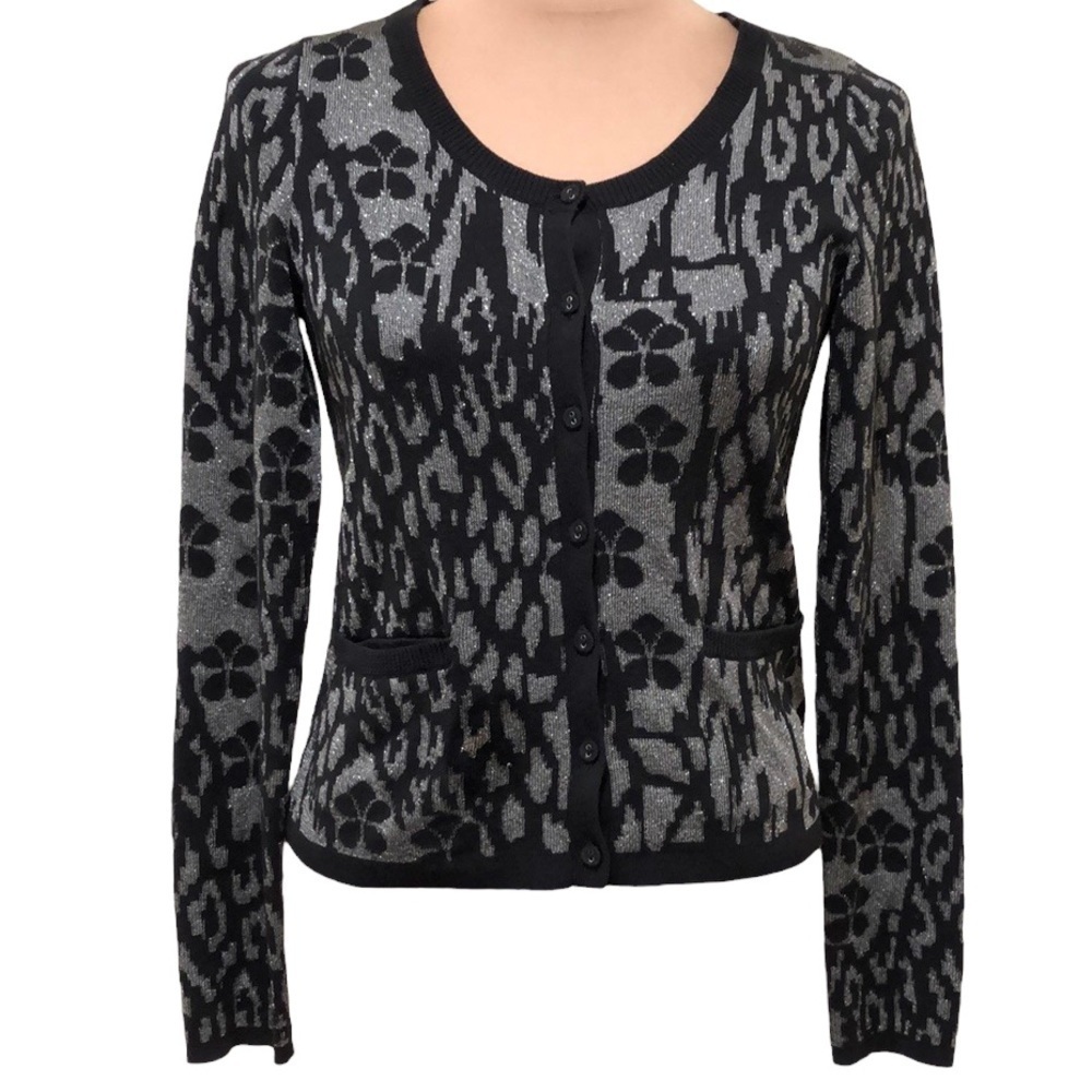 Anthropologie Cardigan Sweater Size Small Metallic Silver Gray Leopard Print